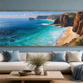 Dramatic cliff cove coastal canvas art for luxury living room decor.