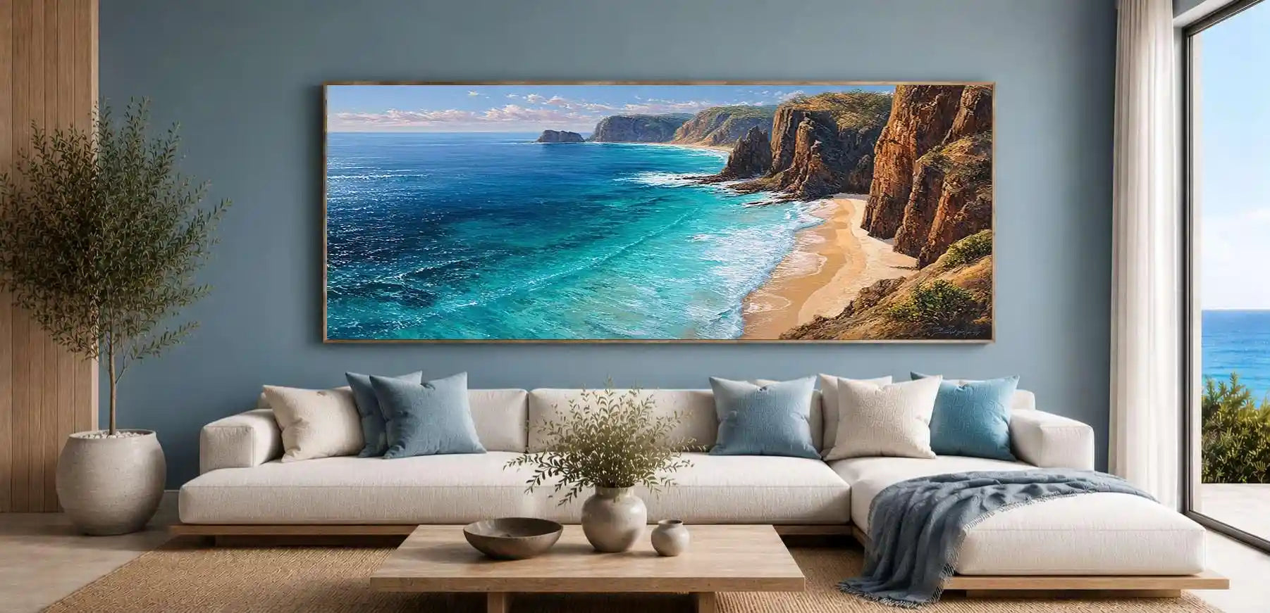 Dramatic cliff cove coastal canvas art for luxury living room decor.