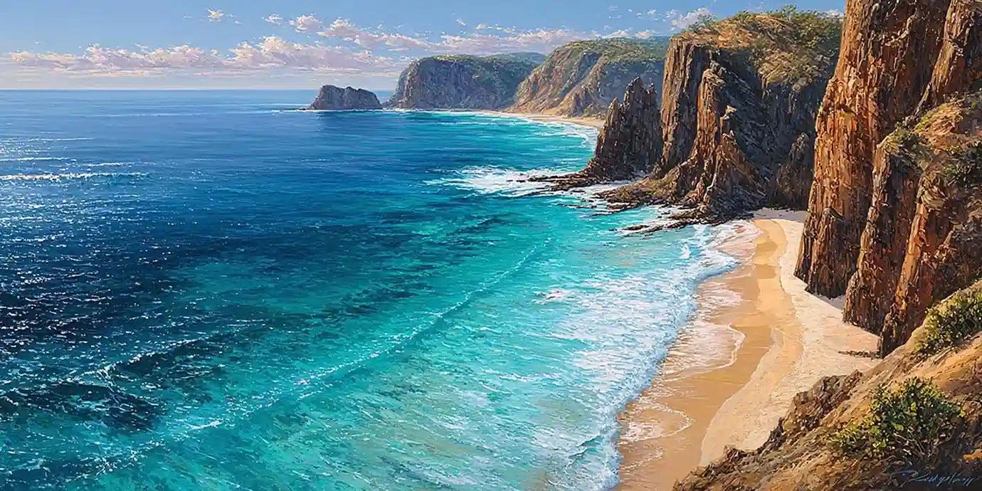 Dramatic cliff cove coastal canvas art for luxury living room decor.
