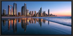Panoramic city skyline beach canvas art for modern office decor.