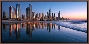 Panoramic city skyline beach canvas art for modern office decor.