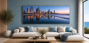 Panoramic city skyline beach canvas art for modern office decor.