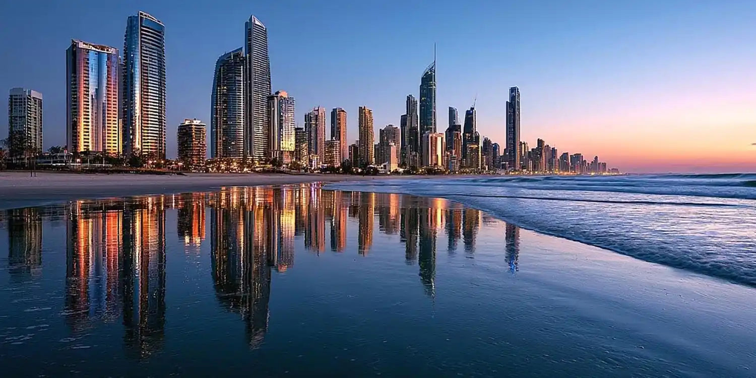 Panoramic city skyline beach canvas art for modern office decor.