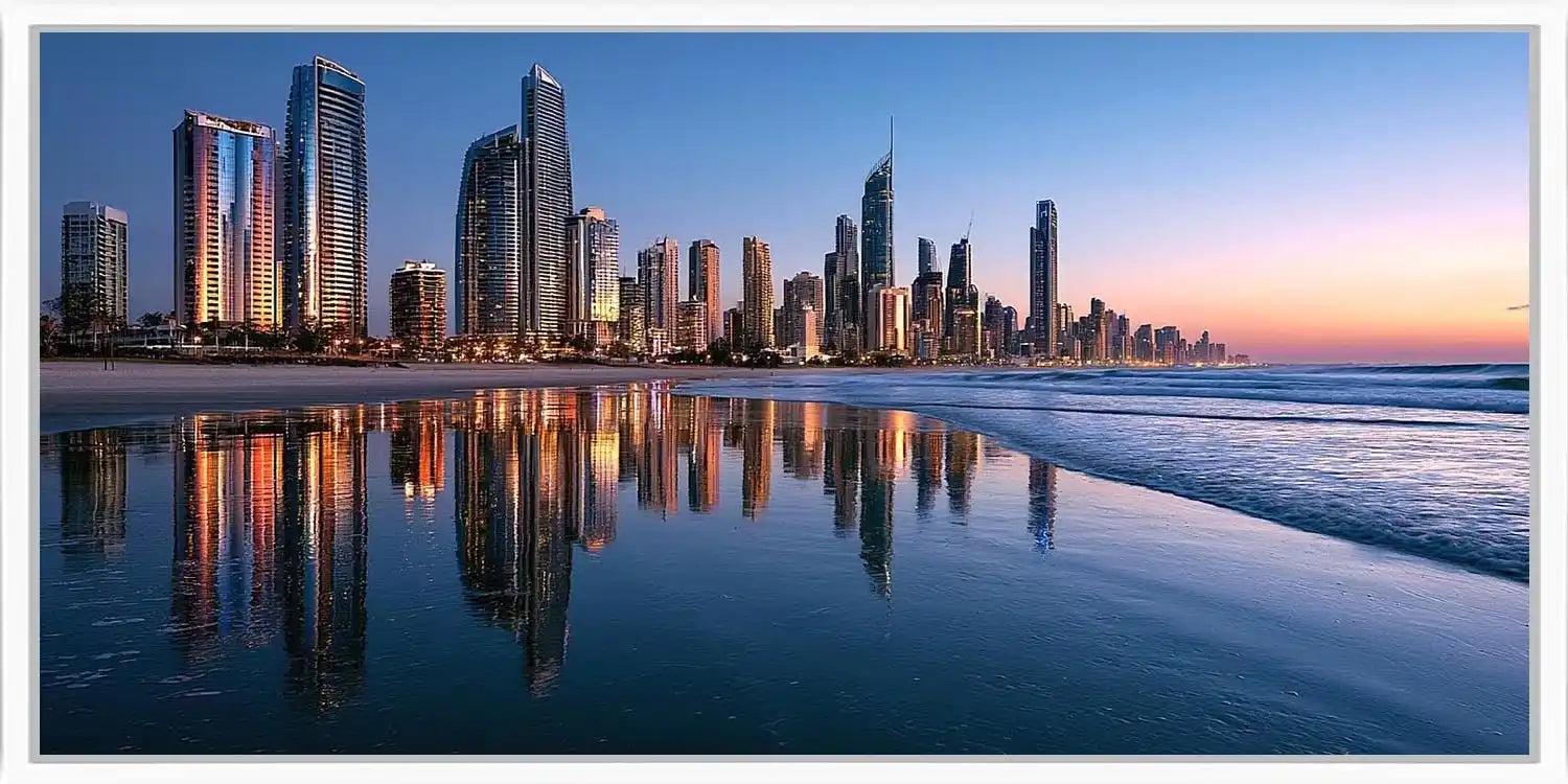 Panoramic city skyline beach canvas art for modern office decor.