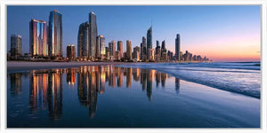 Panoramic city skyline beach canvas art for modern office decor.