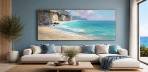Pale cliff coast canvas art for calm coastal bedroom decor.