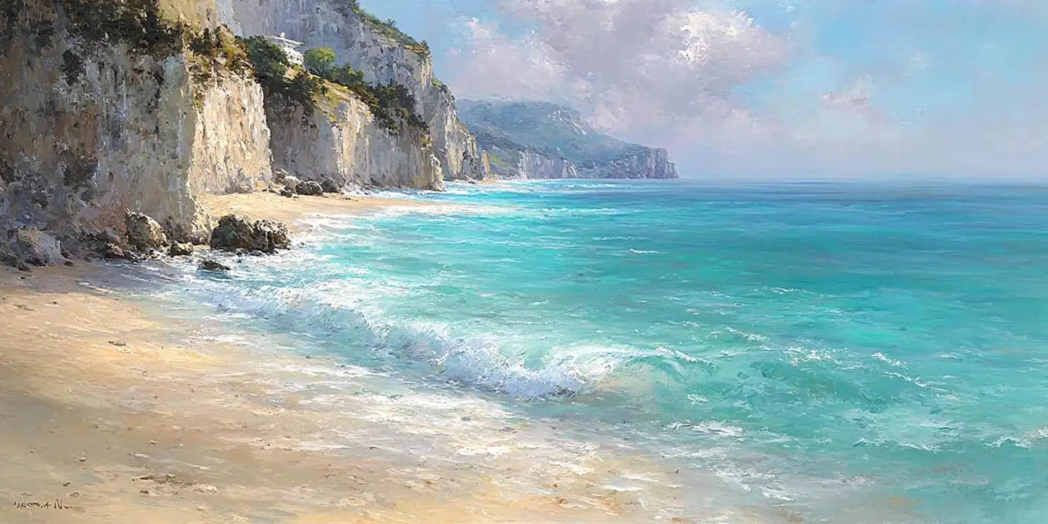 Pale cliff coast canvas art for calm coastal bedroom decor.