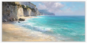 Pale cliff coast canvas art for calm coastal bedroom decor.