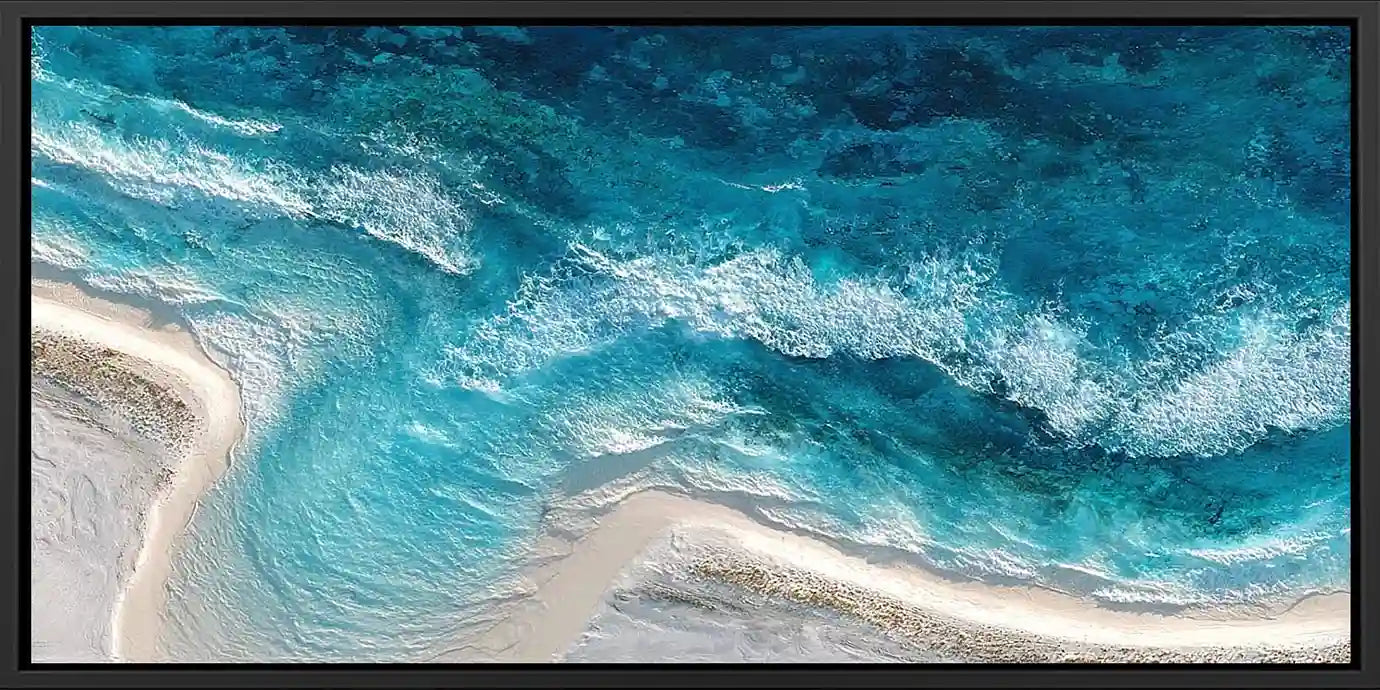 Aerial ocean shoreline canvas art for modern coastal living room decor.