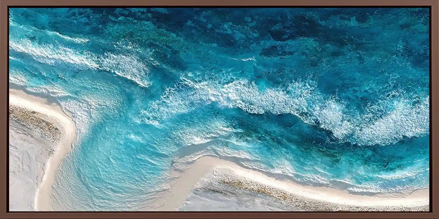 Aerial ocean shoreline canvas art for modern coastal living room decor.
