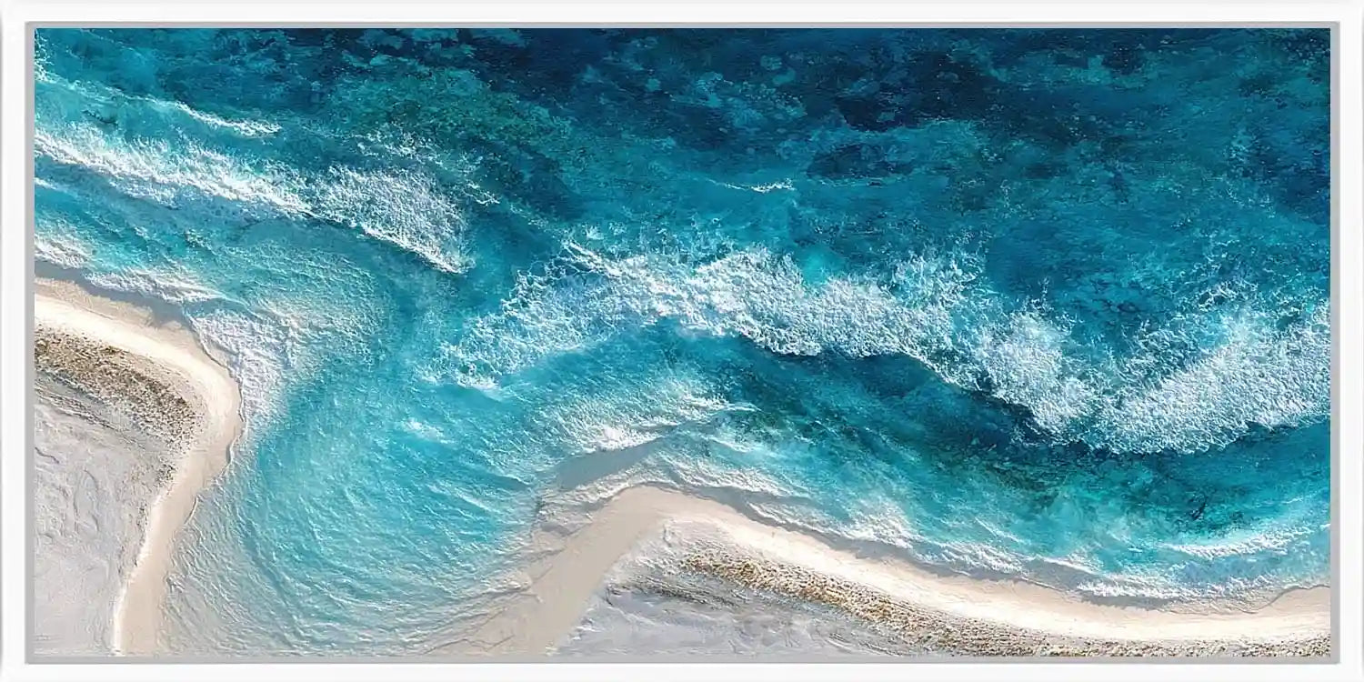 Aerial ocean shoreline canvas art for modern coastal living room decor.