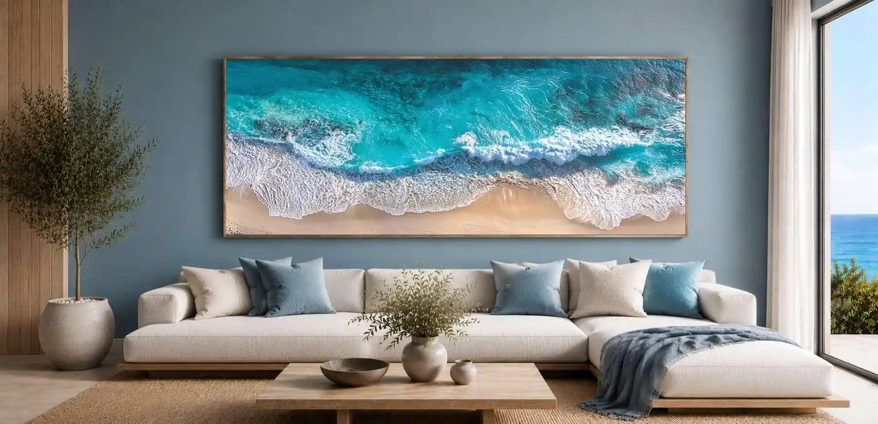 Aerial turquoise beach canvas print for coastal living room decor.