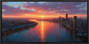 Dramatic sunset city skyline canvas art for luxury office decor.