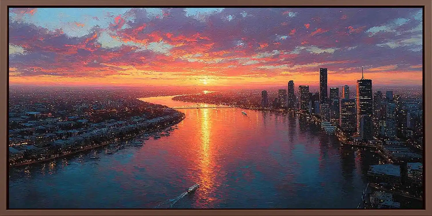 Dramatic sunset city skyline canvas art for luxury office decor.
