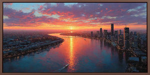 Dramatic sunset city skyline canvas art for luxury office decor.