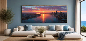 Dramatic sunset city skyline canvas art for luxury office decor.