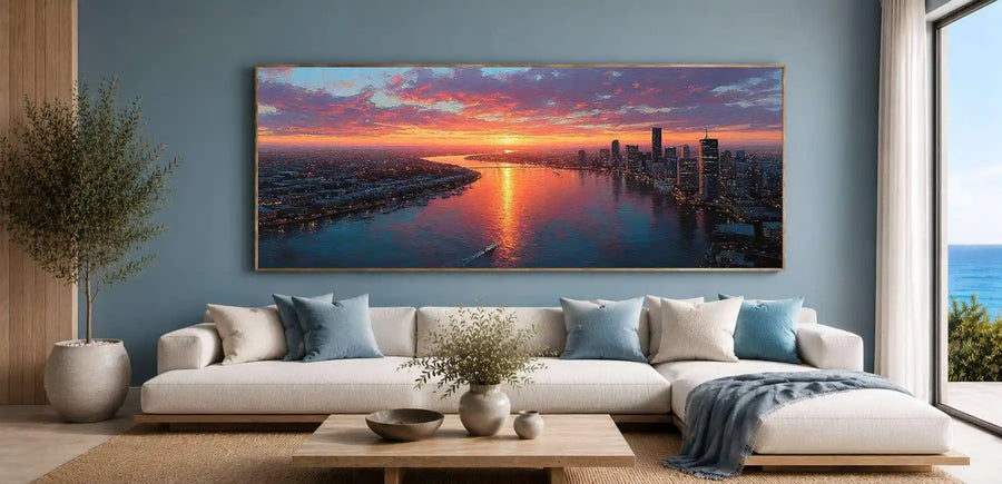 Dramatic sunset city skyline canvas art for luxury office decor.