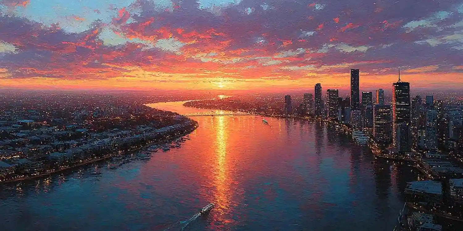 Dramatic sunset city skyline canvas art for luxury office decor.