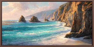 Rugged cliff coast canvas art for luxury coastal living room decor.