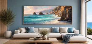 Rugged cliff coast canvas art for luxury coastal living room decor.