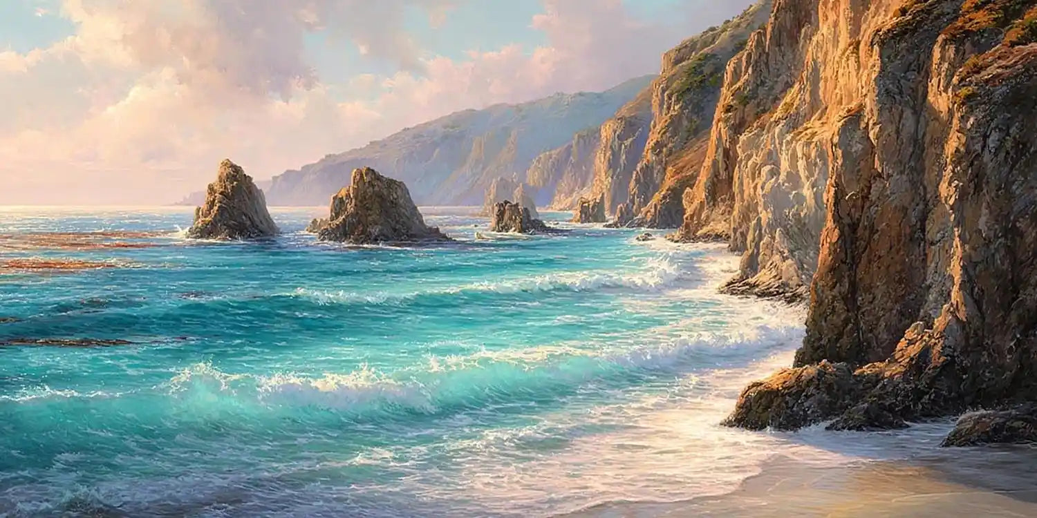 Rugged cliff coast canvas art for luxury coastal living room decor.