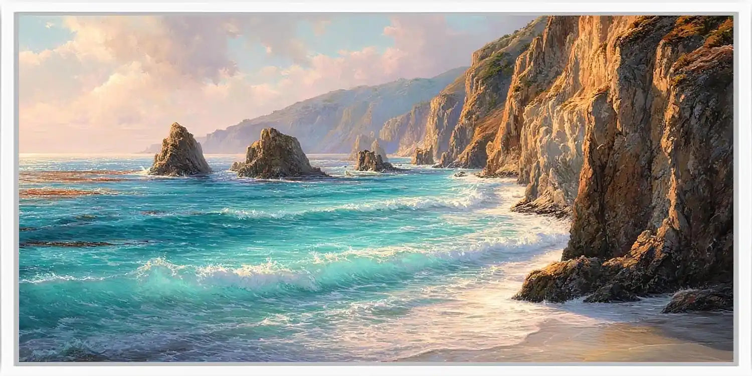 Rugged cliff coast canvas art for luxury coastal living room decor.
