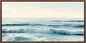 Minimal ocean wave canvas art for calm coastal bedroom decor.