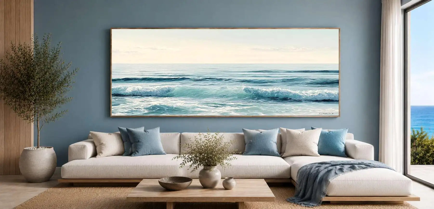 Minimal ocean wave canvas art for calm coastal bedroom decor.