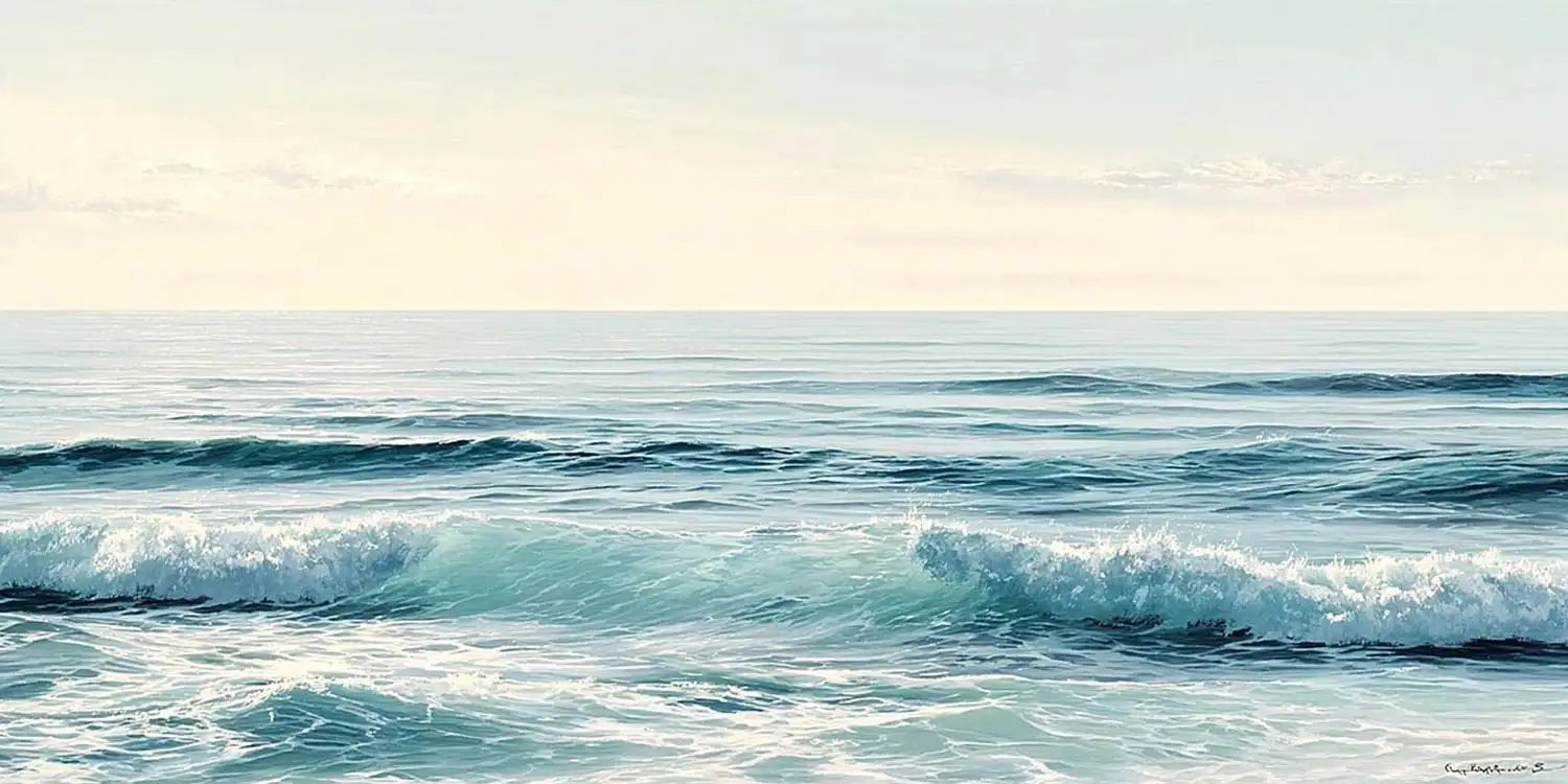 Minimal ocean wave canvas art for calm coastal bedroom decor.