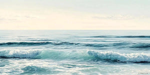 Minimal ocean wave canvas art for calm coastal bedroom decor.