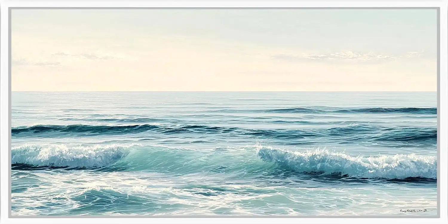 Minimal ocean wave canvas art for calm coastal bedroom decor.