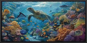 Underwater sea turtle reef canvas art for colorful coastal room decor.