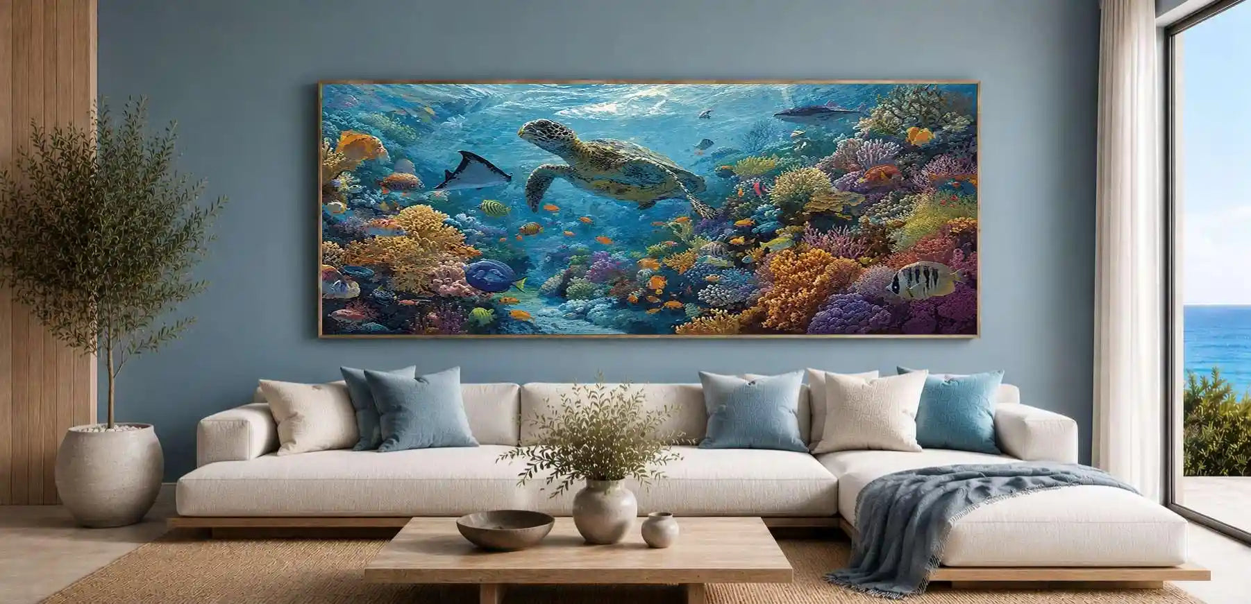 Underwater sea turtle reef canvas art for colorful coastal room decor.