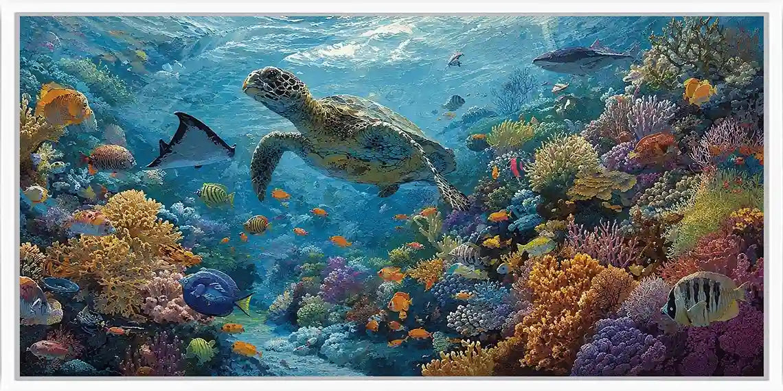 Underwater sea turtle reef canvas art for colorful coastal room decor.