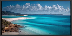 Panoramic turquoise ocean and island canvas art for coastal living room decor.