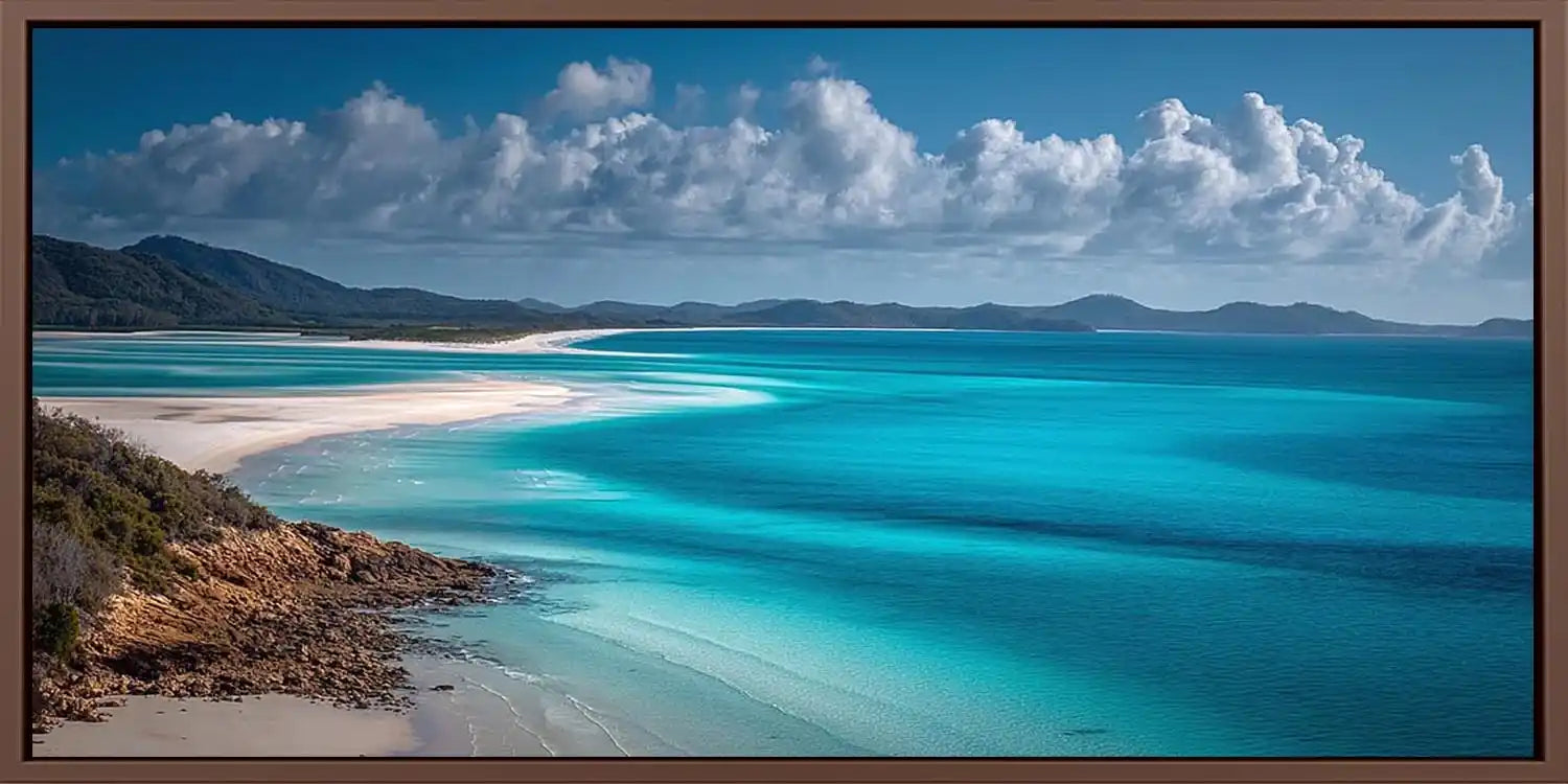 Panoramic turquoise ocean and island canvas art for coastal living room decor.