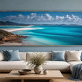 Panoramic turquoise ocean and island canvas art for coastal living room decor.
