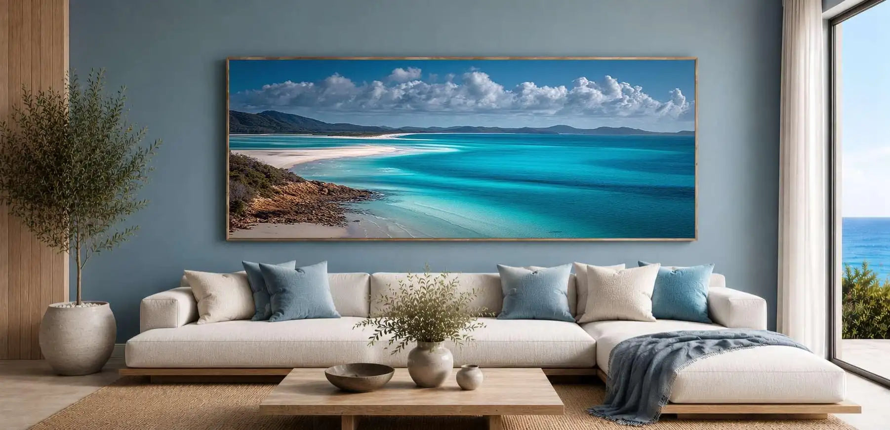 Panoramic turquoise ocean and island canvas art for coastal living room decor.