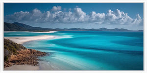 Panoramic turquoise ocean and island canvas art for coastal living room decor.