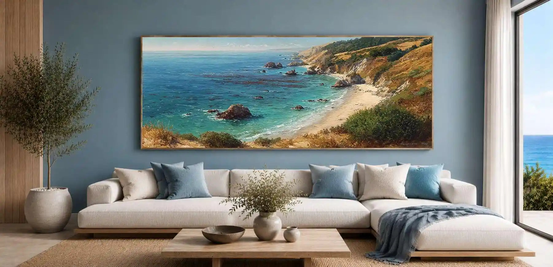 Pacific coastal landscape canvas art for warm luxury living room decor.