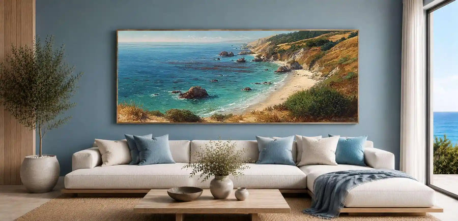 Pacific coastal landscape canvas art for warm luxury living room decor.