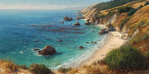 Pacific coastal landscape canvas art for warm luxury living room decor.