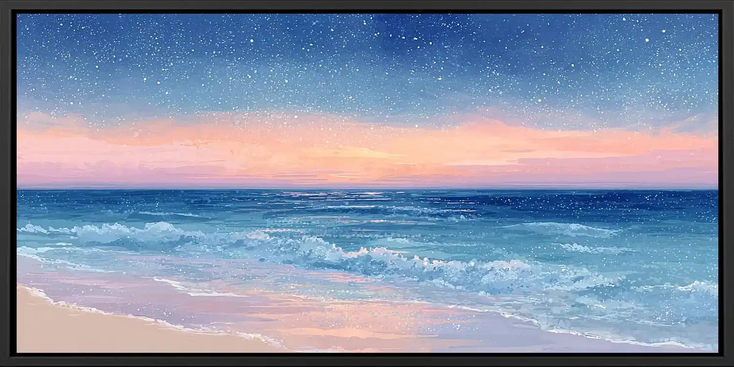 Dreamy starry ocean canvas art for peaceful coastal bedroom decor.