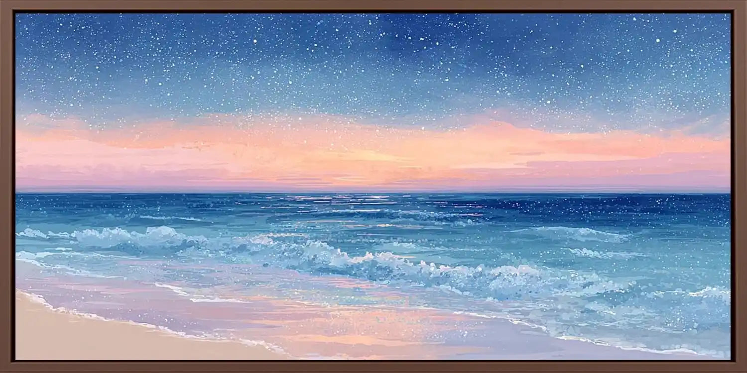 Dreamy starry ocean canvas art for peaceful coastal bedroom decor.