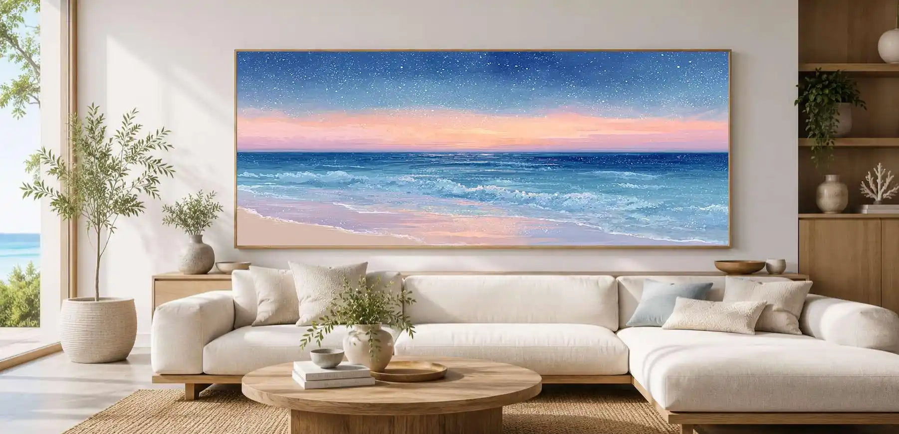 Dreamy starry ocean canvas art for peaceful coastal bedroom decor.