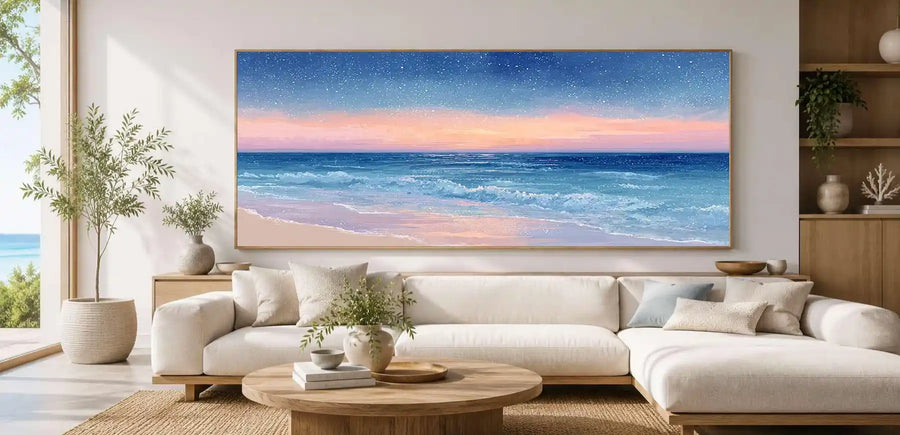 Dreamy starry ocean canvas art for peaceful coastal bedroom decor.