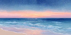 Dreamy starry ocean canvas art for peaceful coastal bedroom decor.