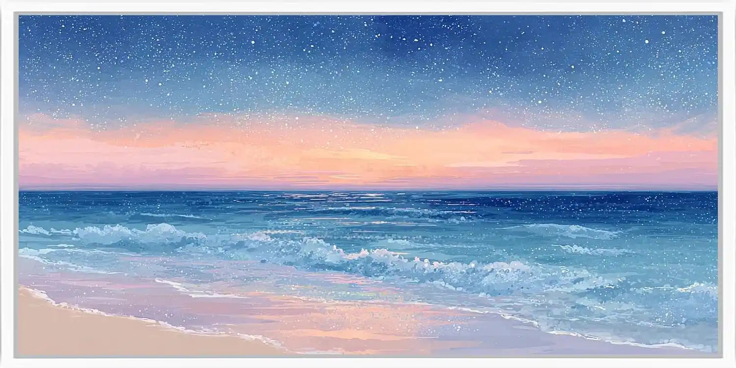 Dreamy starry ocean canvas art for peaceful coastal bedroom decor.