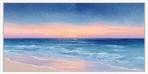 Dreamy starry ocean canvas art for peaceful coastal bedroom decor.