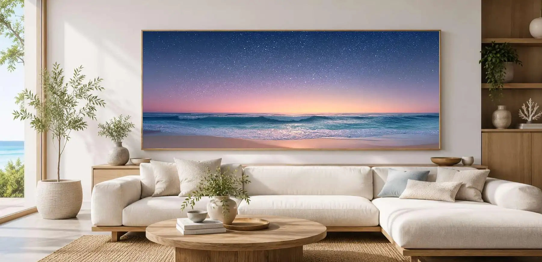 Starry beach horizon canvas wall art for dreamy coastal bedroom decor.